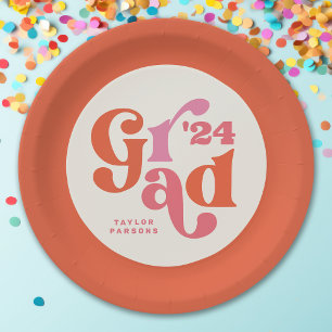  Boho Retro Pink And Orange Graduation  Paper Plate