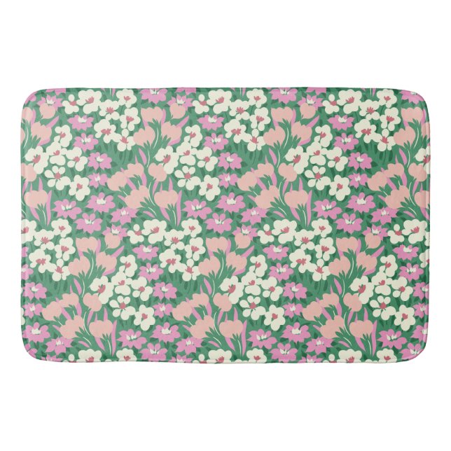 Boho Retro Pink and Sage Cute Floral Bath Mat (Front)