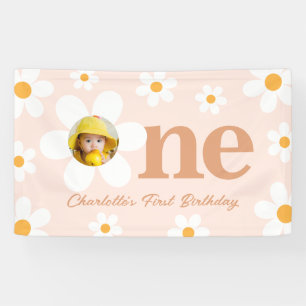 Boho Retro Pink Daisy First Birthday Photo Banner