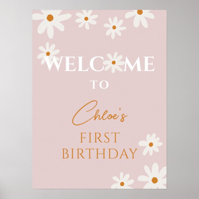 Boho Retro Pink Daisy Floral Girl Birthday Welcome Poster (Front)