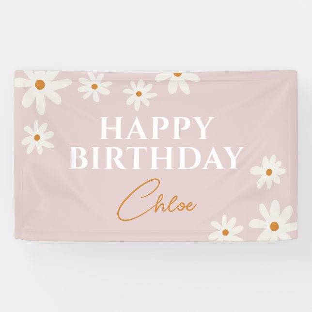Boho Retro Pink Daisy Floral Happy Birthday Banner (Horizontal)