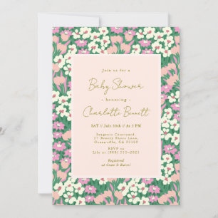 Boho Retro Pink Sage Floral Baby Shower Invitation