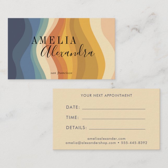 Boho Retro Script Abstract Wavy Lines Yellow Blue Appointment Card (Front/Back)