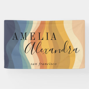 Boho Retro Script Abstract Wavy Lines Yellow Blue Banner