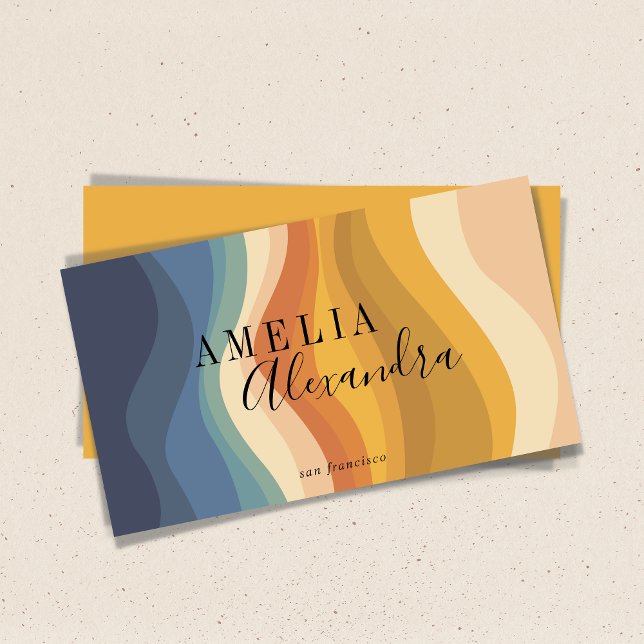 Boho Retro Script Abstract Wavy Lines Yellow Blue Business Card (Creator Uploaded)