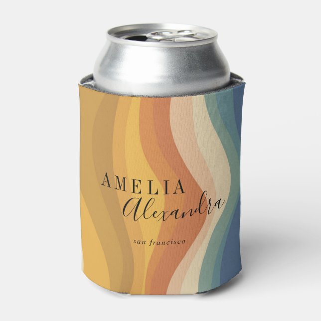 Boho Retro Script Abstract Wavy Lines Yellow Blue Can Cooler (Can Front)