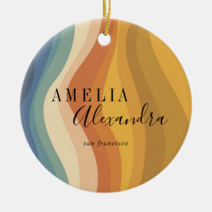 Boho Retro Script Abstract Wavy Lines Yellow Blue Ceramic Tree Decoration