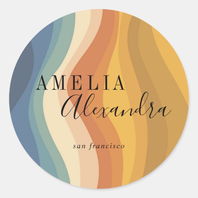 Boho Retro Script Abstract Wavy Lines Yellow Blue Classic Round Sticker (Front)