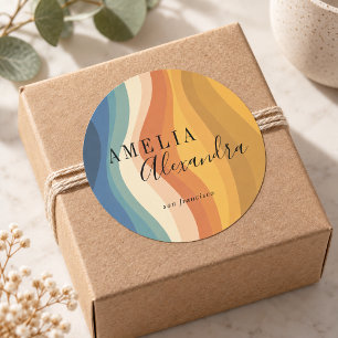 Boho Retro Script Abstract Wavy Lines Yellow Blue Classic Round Sticker