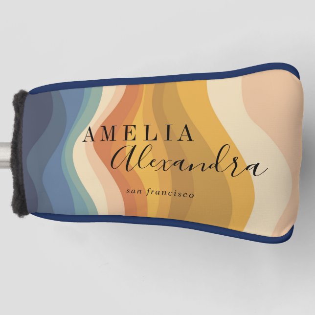 Boho Retro Script Abstract Wavy Lines Yellow Blue Golf Head Cover (Front)