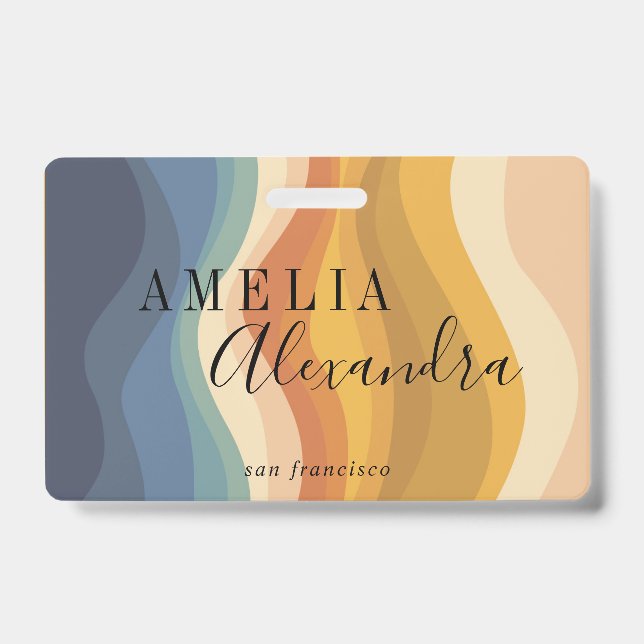 Boho Retro Script Abstract Wavy Lines Yellow Blue ID Badge (Front)