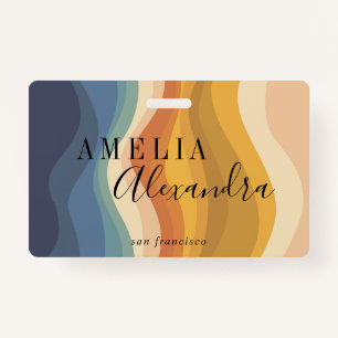 Boho Retro Script Abstract Wavy Lines Yellow Blue ID Badge