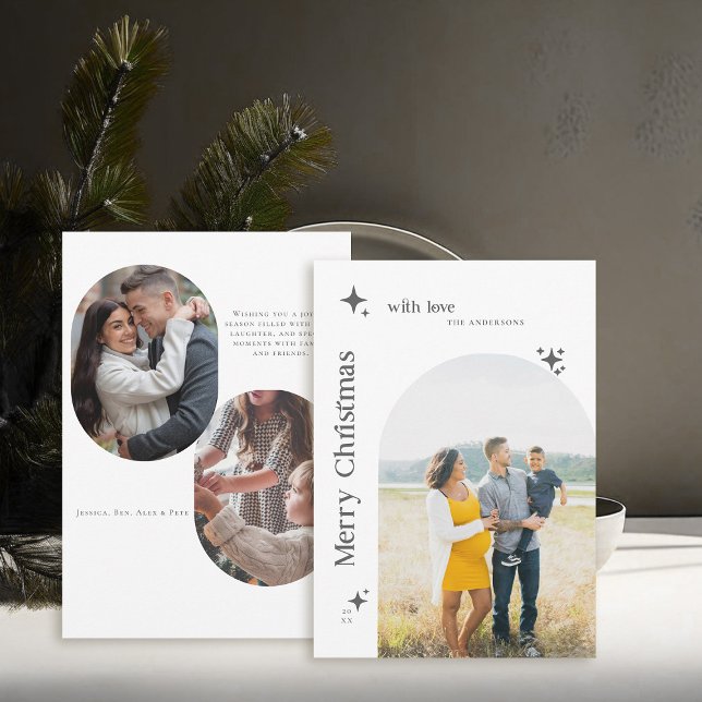 Boho Retro Stars Minimalist BW Photo Christmas Holiday Card (family christmas card photo collage minimalist elegant black white boho arch vintage 60s 70s)