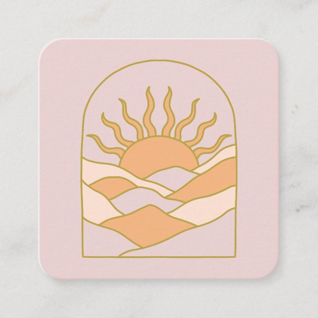 Boho Retro Sunrise Mountains Square Business Card (Front)