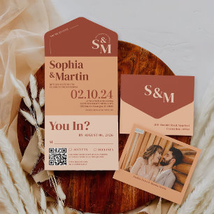 Boho Retro Terracotta Photo Wedding All In One Invitation