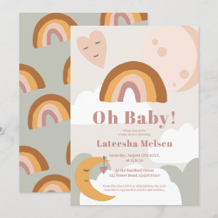 Boho retro terracotta rainbow moon baby shower invitation