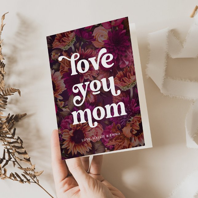 Boho Retro Text | Love you Mum Bold Floral Holiday Card (Creator Uploaded)