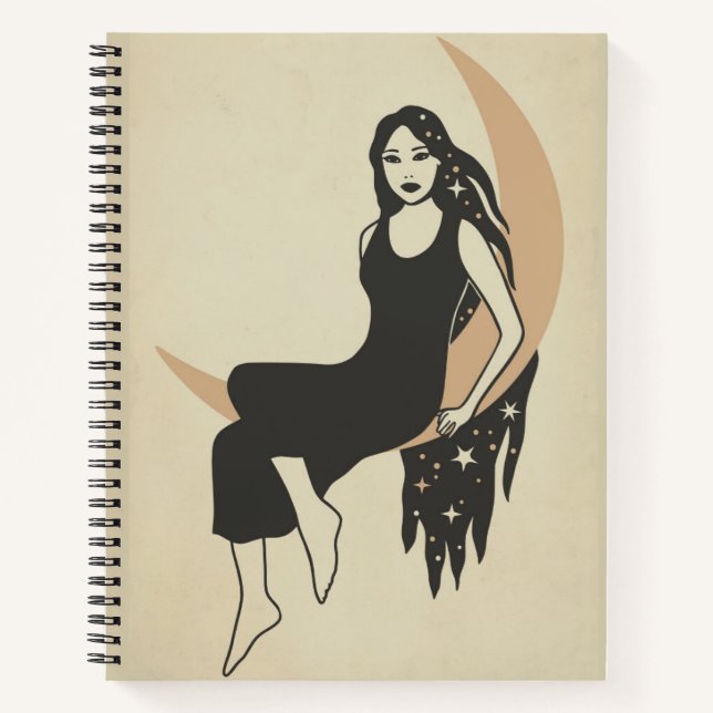 Boho retro woman stars long hair crescent moon  notebook (Front)