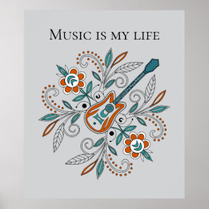 Boho Rock’n’Roll guitar with flowers Poster