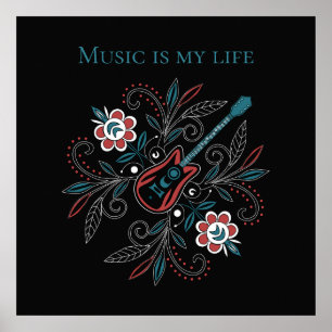 Boho Rock’n’Roll guitar with flowers Poster