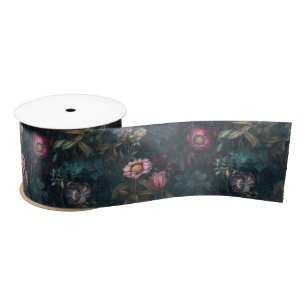 Boho Romantic Pink & Green Floral Dark Background Satin Ribbon