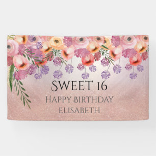 Boho romantic watercolor floral  sweet 16 party ba banner