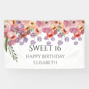 Boho romantic watercolor floral sweet 16 party banner