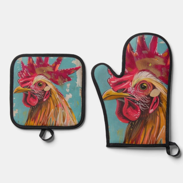 Boho Rooster Oven Mitt & Hot Pad Set (Front)