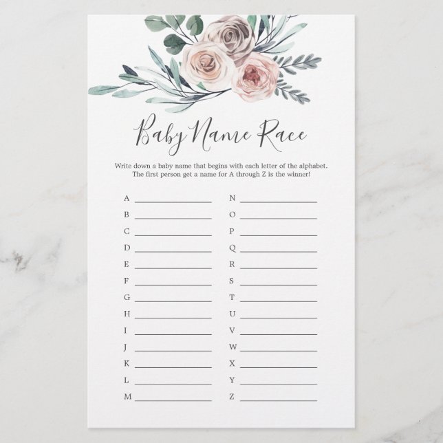 Boho Rose Baby Shower Baby Name Race Game (Front)
