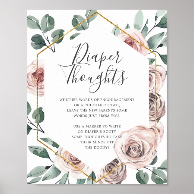 Boho Rose Baby Shower Diaper Thoughts Sign (Front)