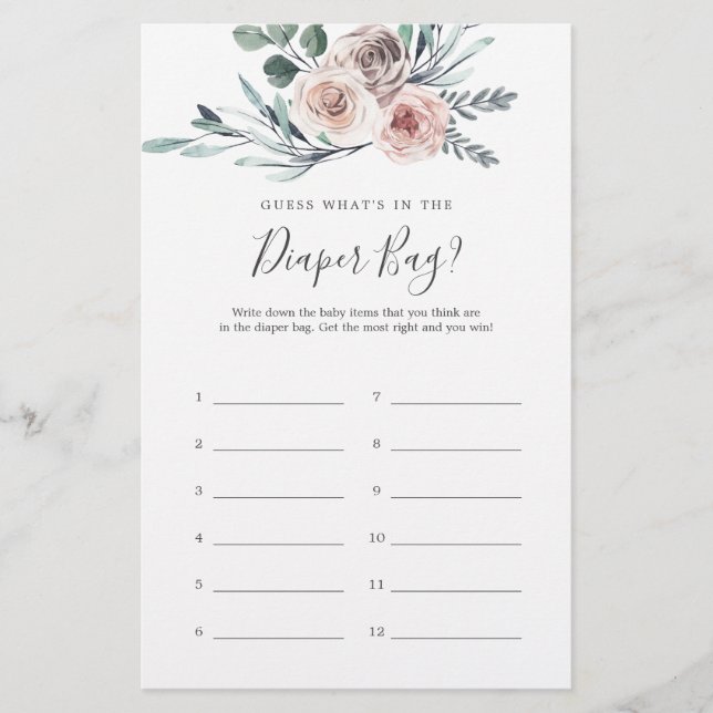 Boho Rose Baby Shower Guess What's In Diaper Bag (Front)