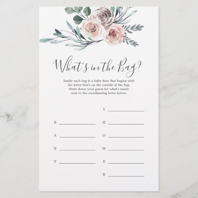 Boho Rose Baby Shower Guess What's in the Bag Game (Front)