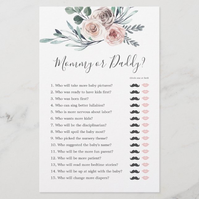 Boho Rose Baby Shower Mummy or Daddy Game (Front)