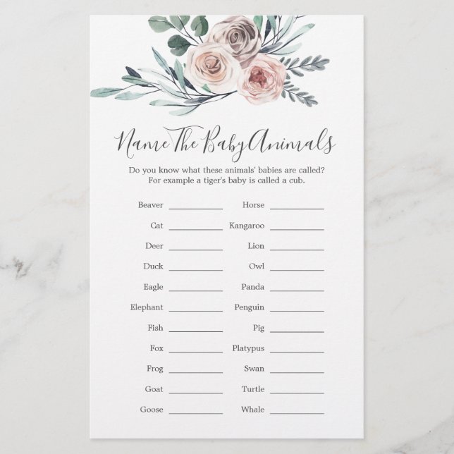 Boho Rose Baby Shower Name The Baby Animals Game (Front)