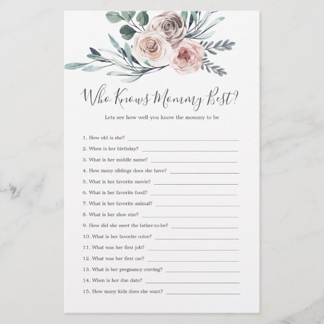 Boho Rose Baby Shower Who Knows Mummy Best (Front)