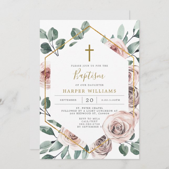 Boho Rose Baptism/Christening Invitation (Front/Back)