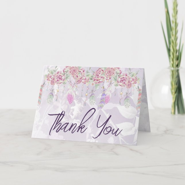 Boho Rose & Feathers Watercolor Floral Thank You Card (Front)