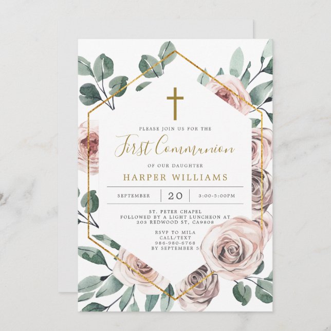 Boho Rose First Communion Invitation (Front/Back)