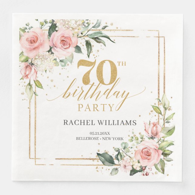 Boho rose gold floral eucalyptus 70th birthday napkin (Front)