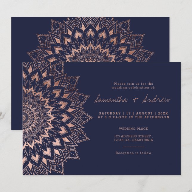 Boho rose gold floral lace mandala navy wedding invitation (Front/Back)