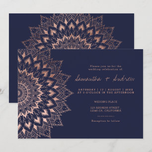 Boho rose gold floral lace mandala navy wedding invitation