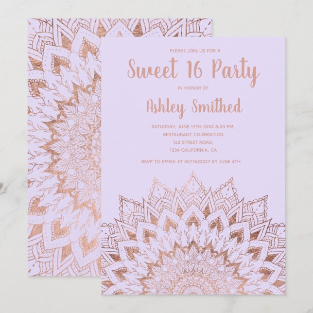 Boho rose gold floral mandala lavender Sweet 16 Invitation (Front/Back)