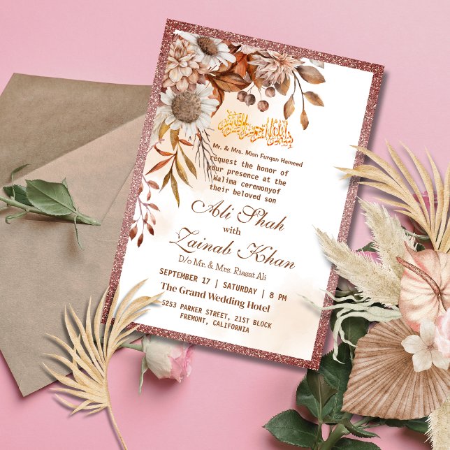 Boho Rose Gold Floral Walima Islamic Wedding  Invitation (Creator Uploaded)