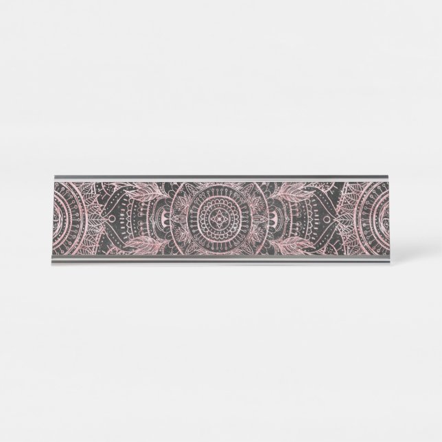 Boho Rose Gold Gray Mandala Elegant Design Desk Name Plate (Front)