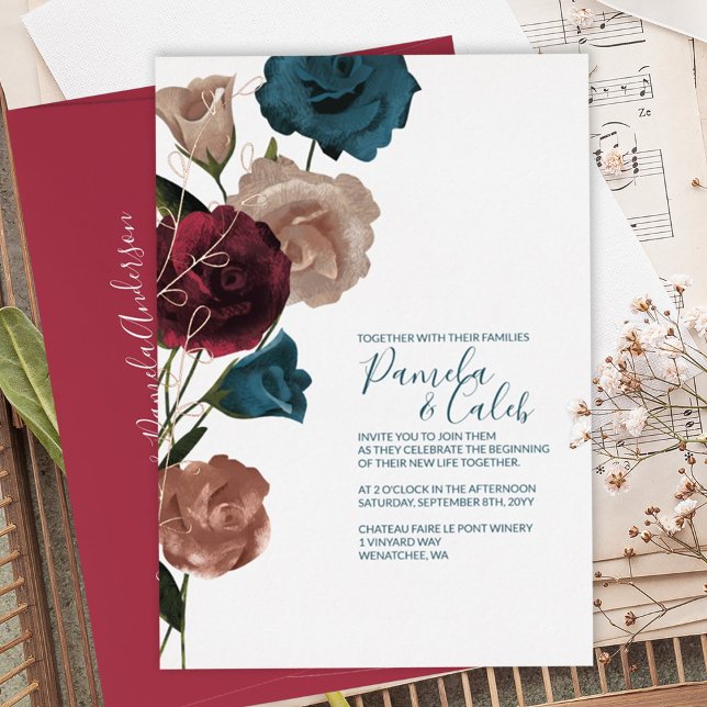 Boho Rose Gold, Teal, Burgundy Wedding (Burgundy, Teal, Beige Roses Wedding Invitation, Rose Gold Foil Leaves, Botanical Bouquet Boho)