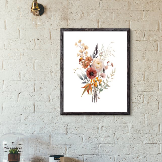 Boho Rose Peach Yellow Blue Beige Floral Botanical Poster (Rose White Beige Peach Yellow and Blue Floral  Botanical Wall Art poster. Digital or Printed Framed)