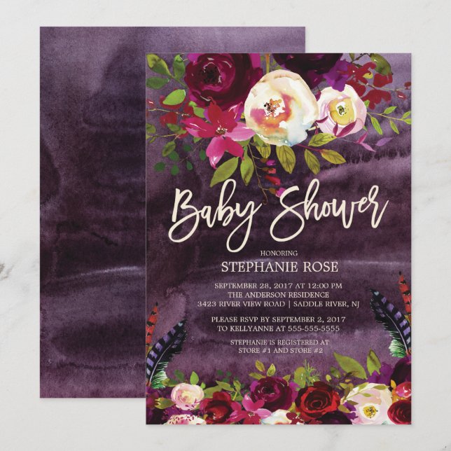 Boho Rose Purple Floral Baby Shower Invitation (Front/Back)