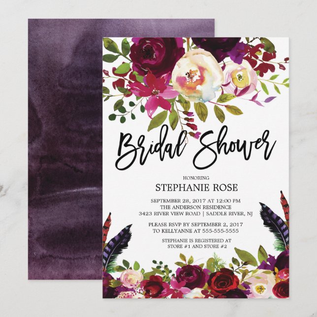 Boho Rose Purple Floral Bridal Shower Invitation (Front/Back)