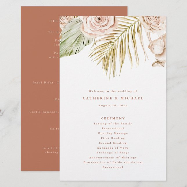 Boho Roses and Tropical Leaves Wedding Program (Front/Back)
