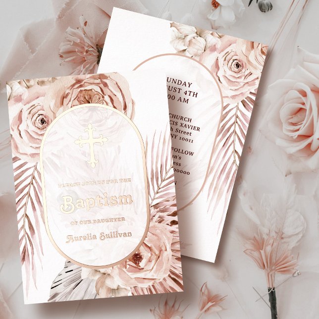Boho Roses Baptism Foil Invitation (Creator Uploaded)